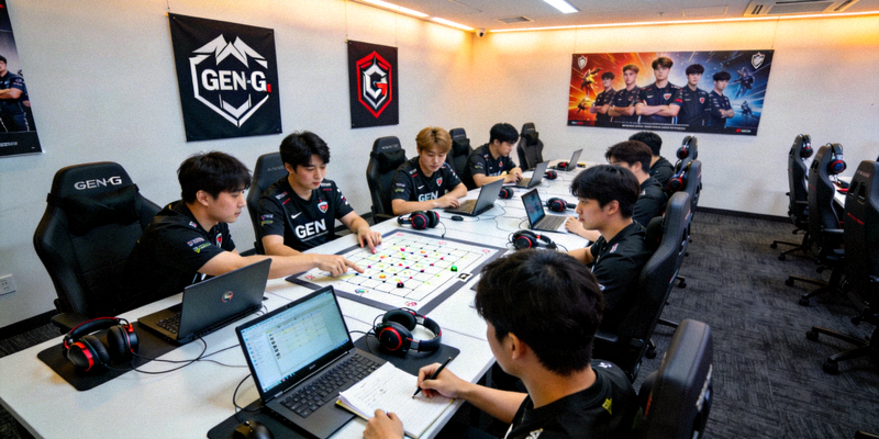 GEN.G战队训练基地内部 - 选手正在进行战术复盘